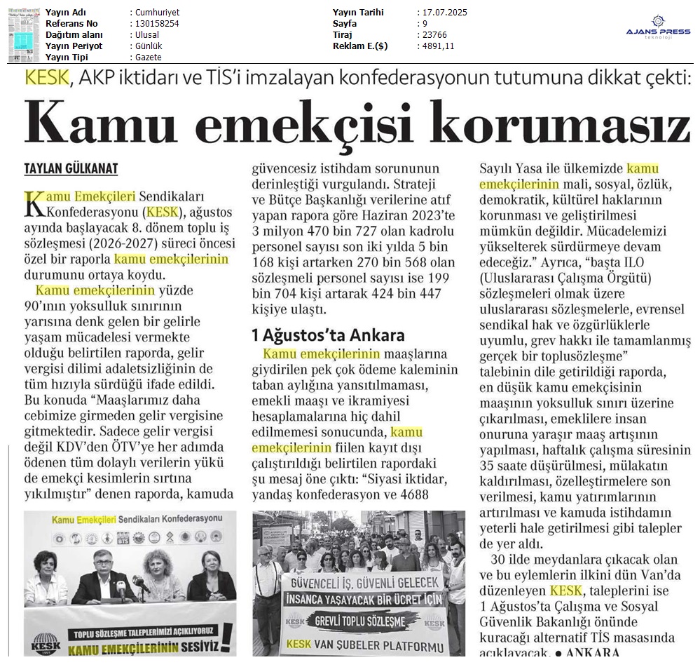 KESK'ten Toplu İş Sözleşmesi Değerlendirmesi: Haklar Yandaş Konfederasyon ve 4688 ile Korunamıyor