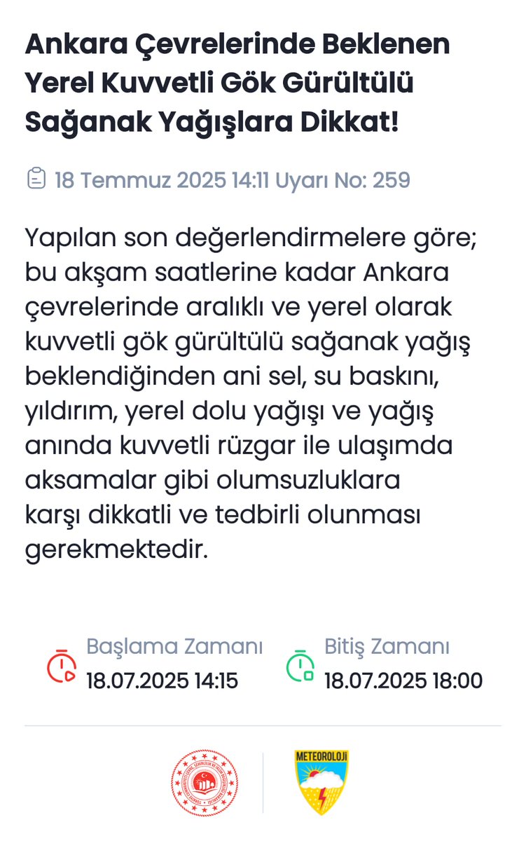 Ankara'da Yerel Kuvvetli Gök Gürültülü Sağanak Yağış Uyarısı
