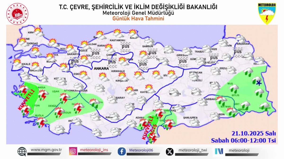 Meteoroloji'den 21 Ekim 2025 İçin Kuvvetli Yağış Uyarısı: Hava Sıcaklıkları Mevsim Normallerinde Seyredecek